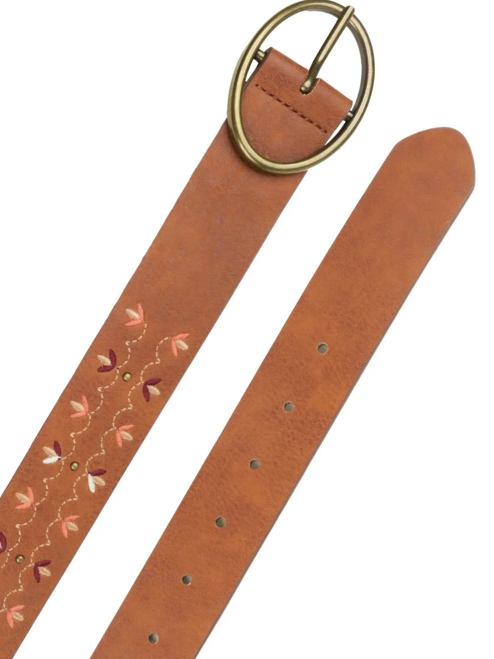 Women’s Tan Embroidered Faux Leather Belt with Brass Oval Buckle. Size 3X. NWT.